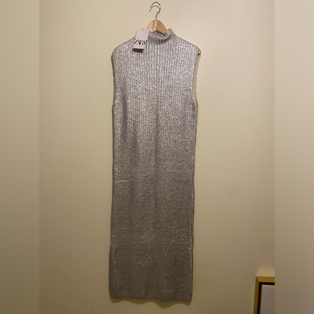 Zara Metallic Silver Midi DressSize S . Style 6427/119/808 New - Picture 3 of 11
